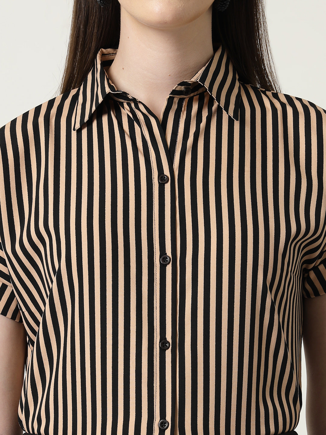 Style Quotient Women Nude Black Stripe Polycrepe Formal Shirt-Shirts-StyleQuotient