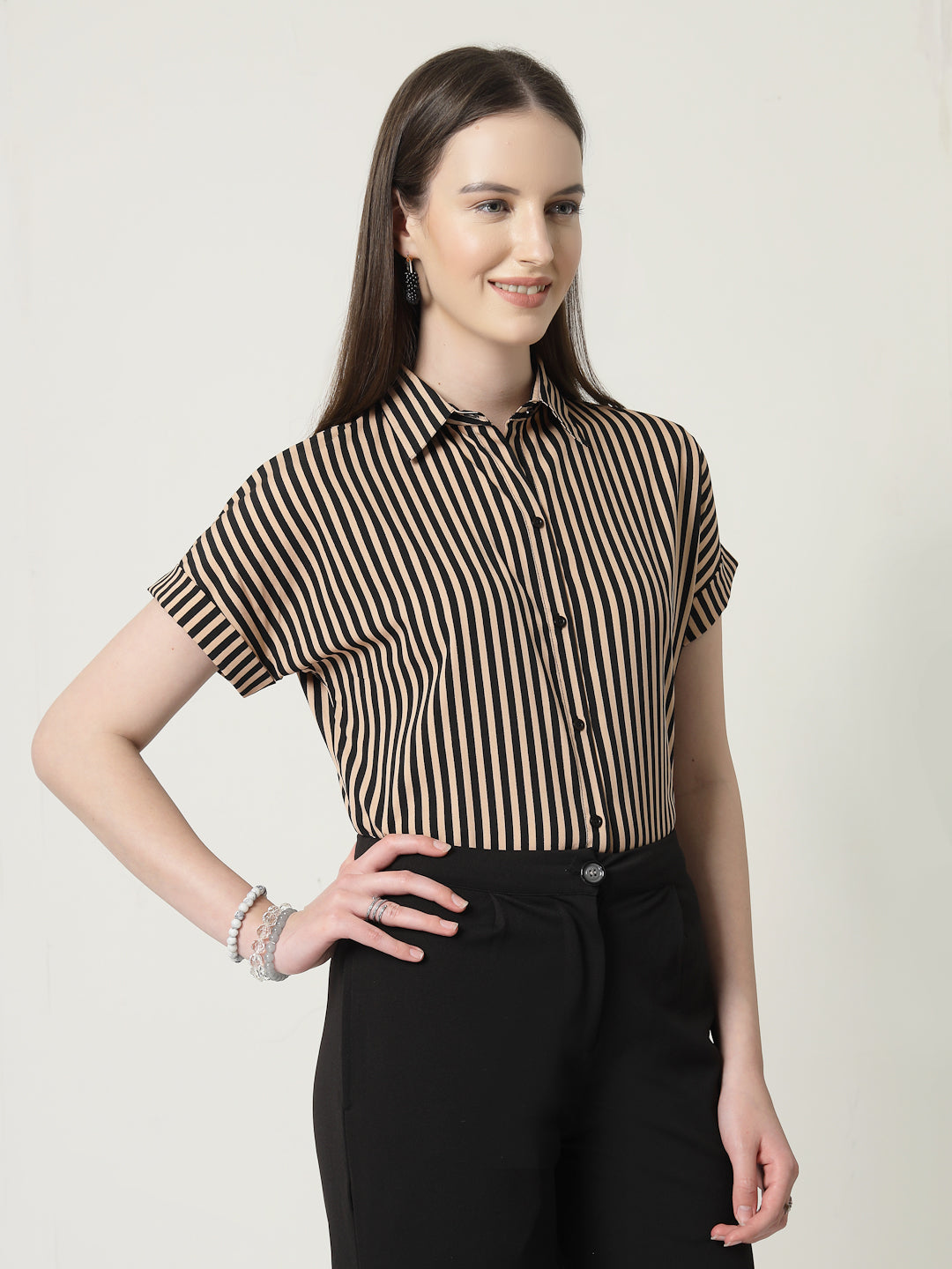 Style Quotient Women Nude Black Stripe Polycrepe Formal Shirt-Shirts-StyleQuotient
