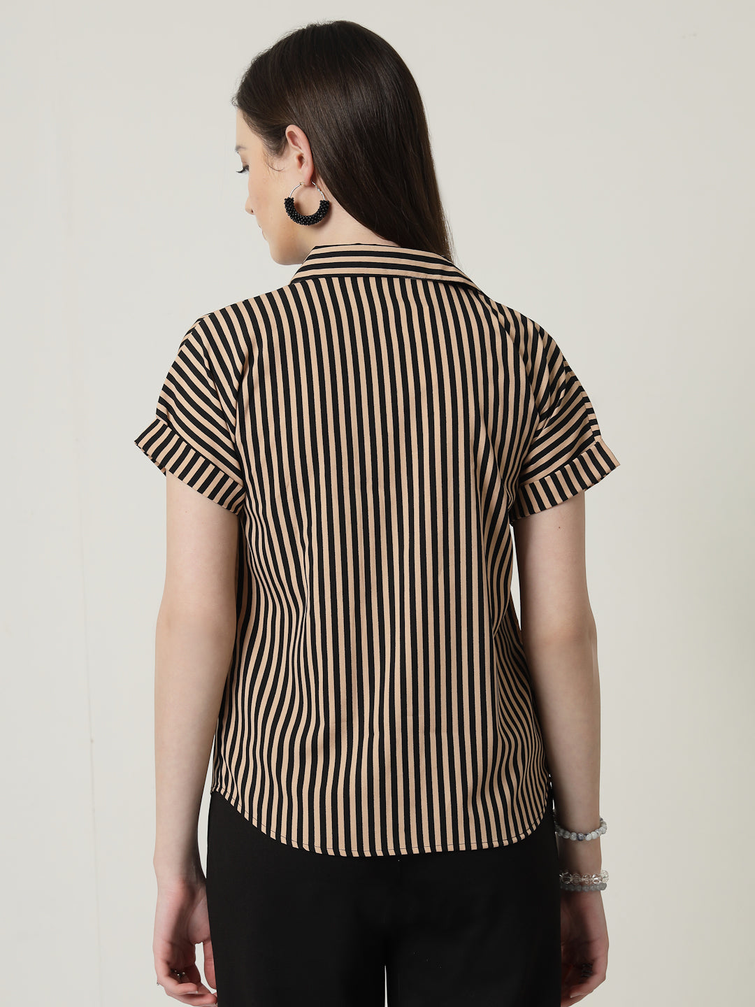 Style Quotient Women Nude Black Stripe Polycrepe Formal Shirt-Shirts-StyleQuotient