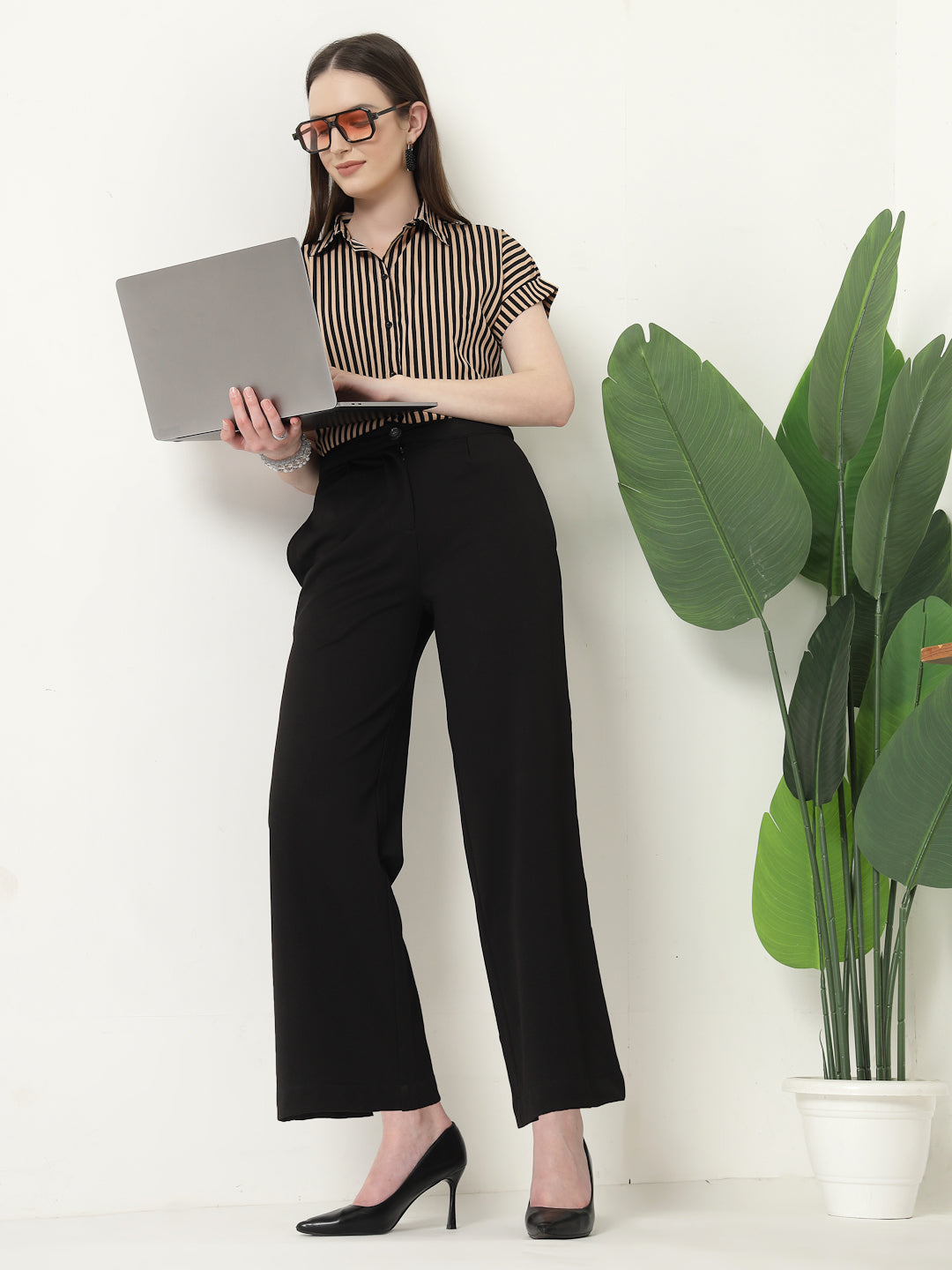 Style Quotient Women Nude Black Stripe Polycrepe Formal Shirt-Shirts-StyleQuotient