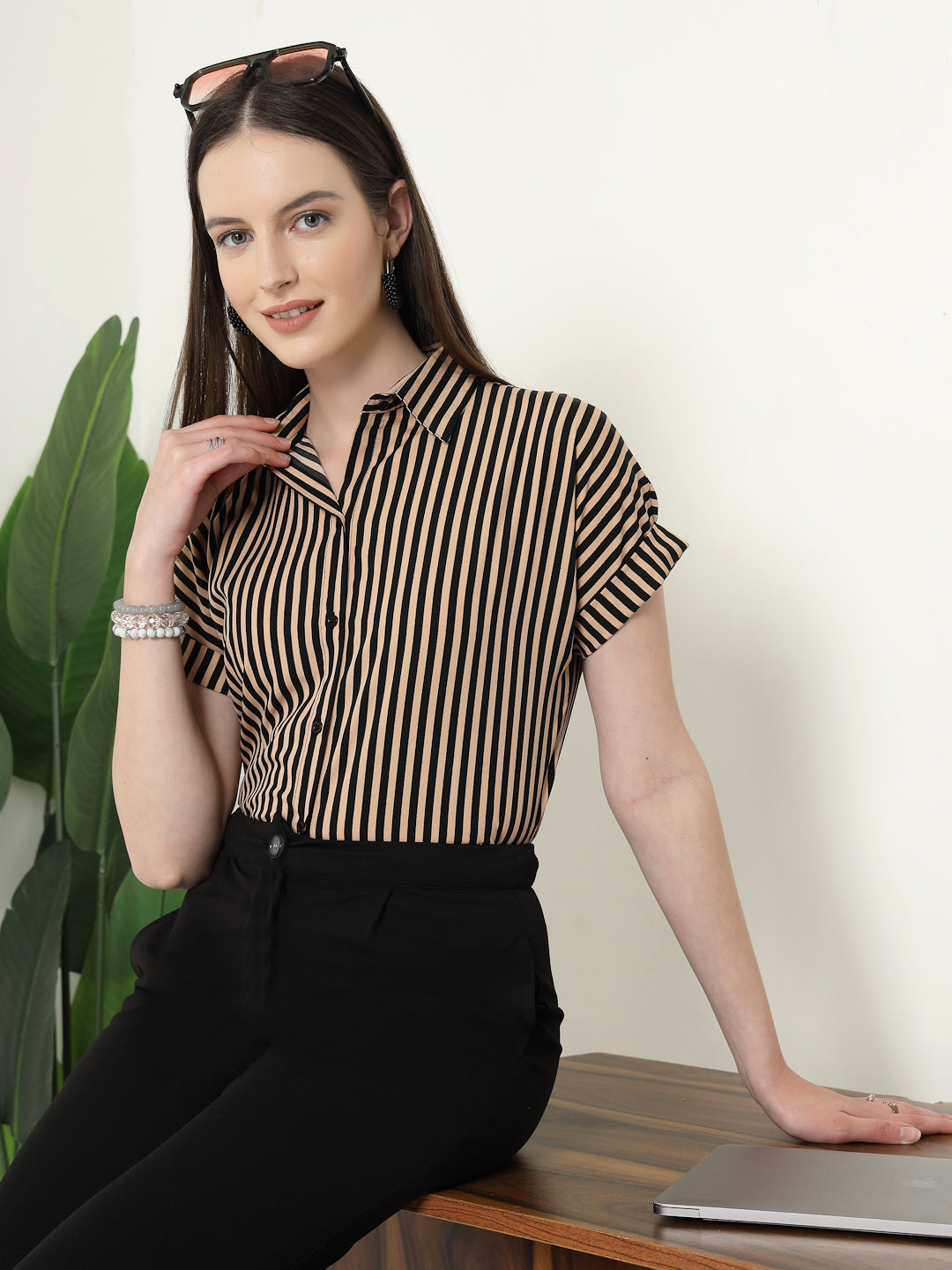 Style Quotient Women Nude Black Stripe Polycrepe Formal Shirt-Shirts-StyleQuotient