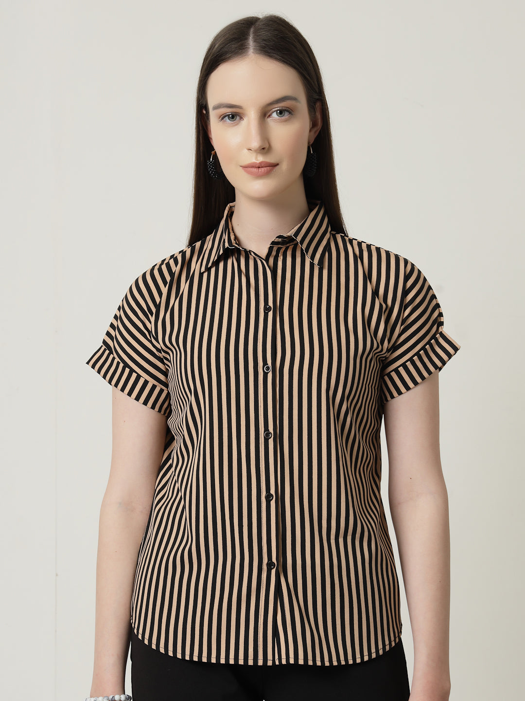 Style Quotient Women Nude Black Stripe Polycrepe Formal Shirt-Shirts-StyleQuotient