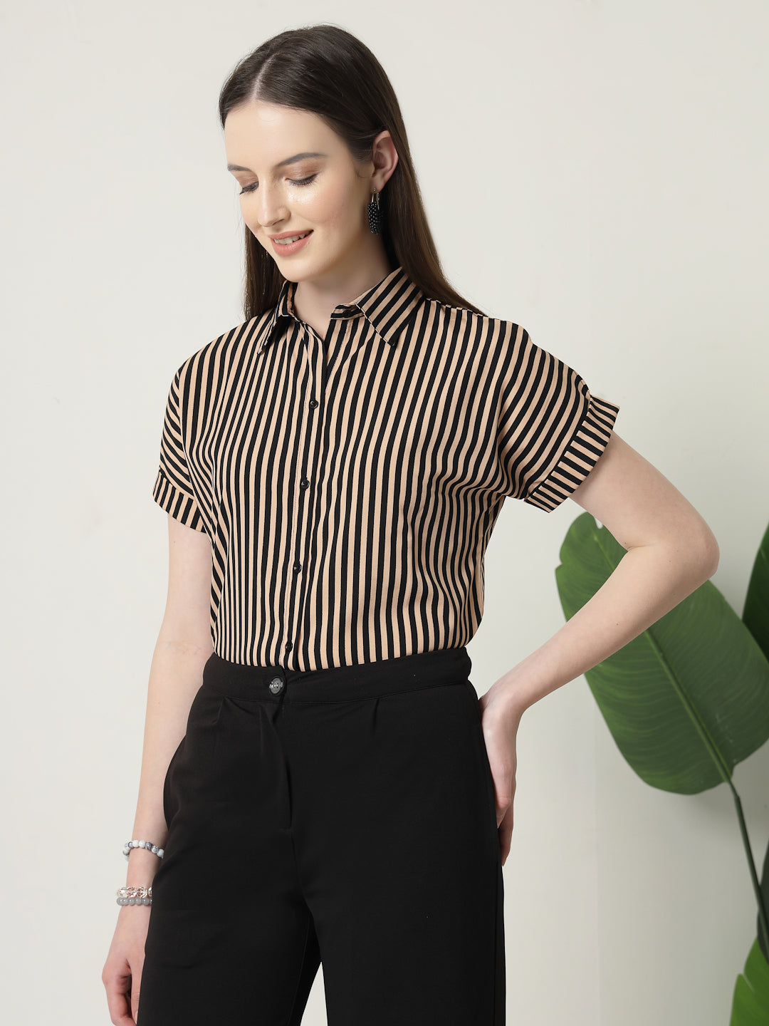 Style Quotient Women Nude Black Stripe Polycrepe Formal Shirt-Shirts-StyleQuotient