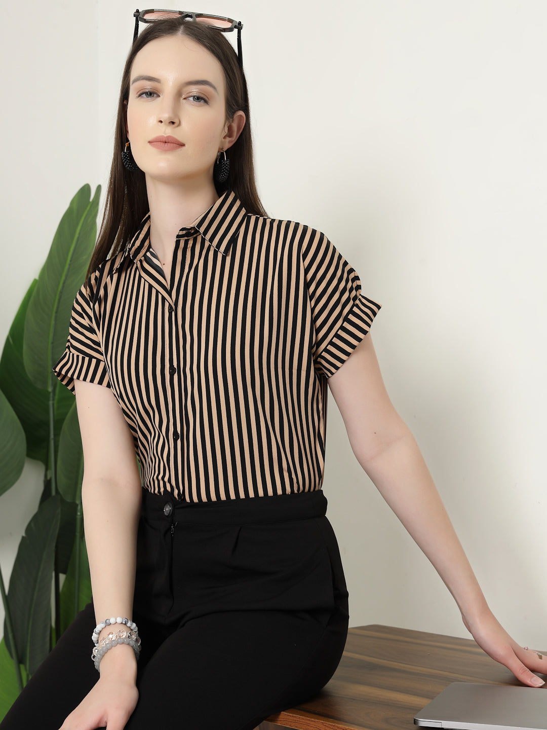 Style Quotient Women Nude Black Stripe Polycrepe Formal Shirt-Shirts-StyleQuotient
