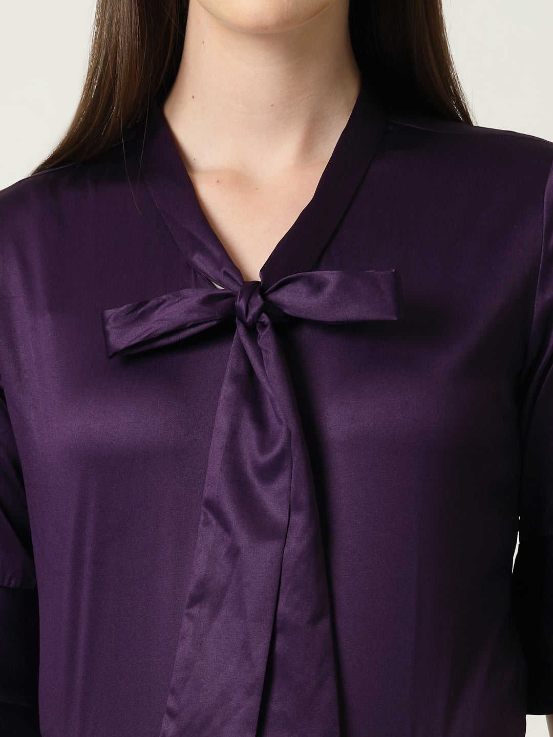 Style Quotient Women Solid Wine Satin Bell Sleeve Regular Top-Tops-StyleQuotient