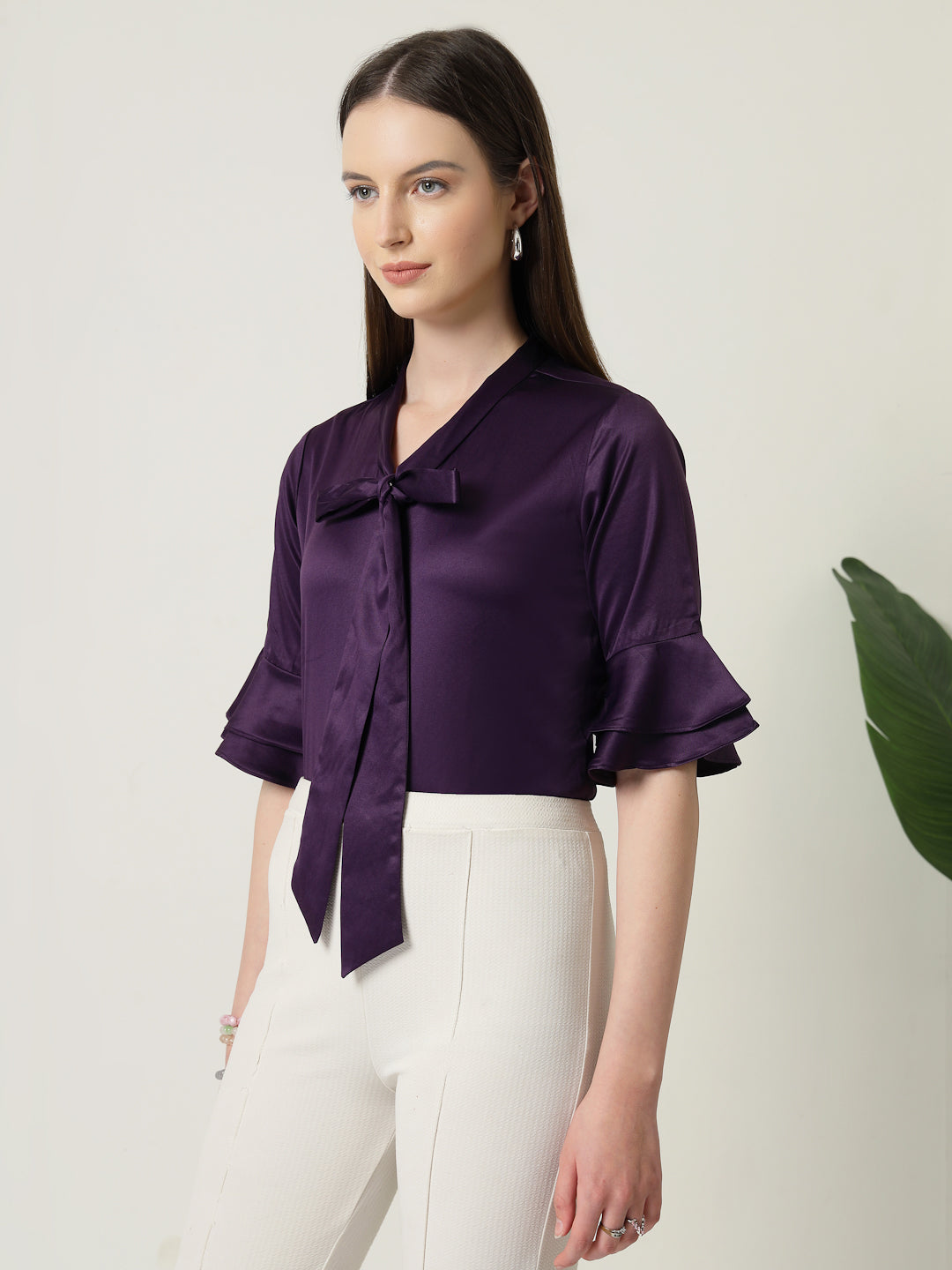 Style Quotient Women Solid Wine Satin Bell Sleeve Regular Top-Tops-StyleQuotient