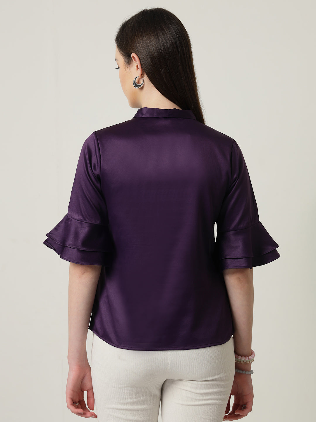 Style Quotient Women Solid Wine Satin Bell Sleeve Regular Top-Tops-StyleQuotient