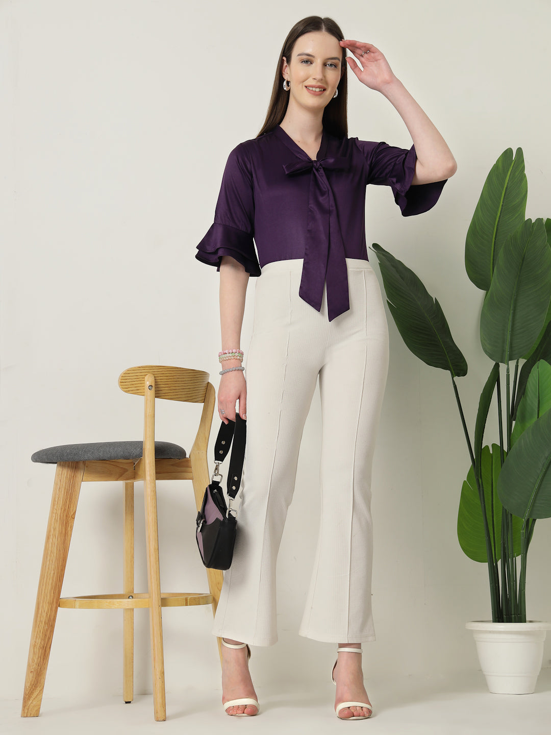 Style Quotient Women Solid Wine Satin Bell Sleeve Regular Top-Tops-StyleQuotient