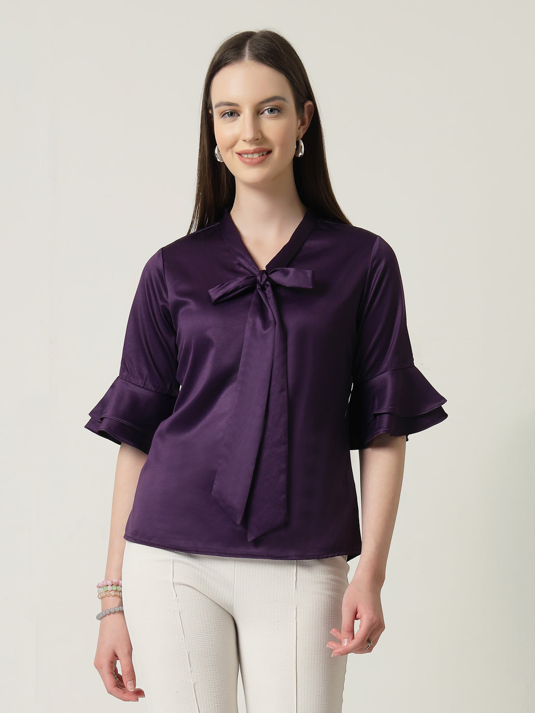Style Quotient Women Solid Wine Satin Bell Sleeve Regular Top-Tops-StyleQuotient