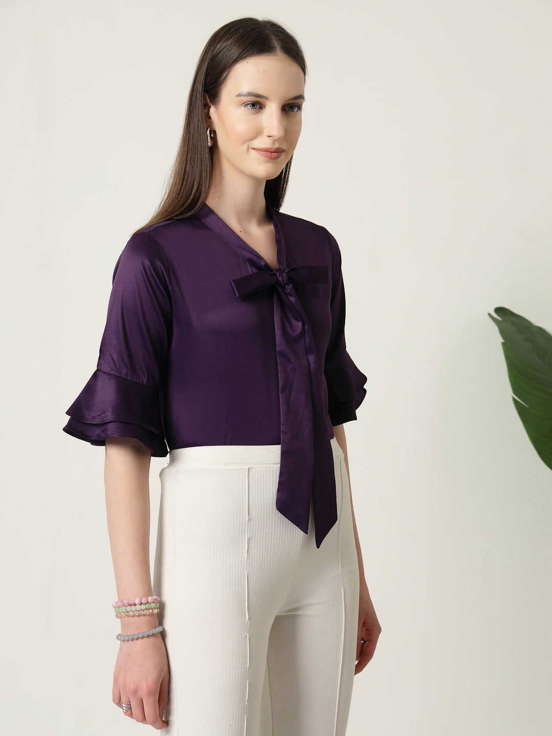 Style Quotient Women Solid Wine Satin Bell Sleeve Regular Top-Tops-StyleQuotient