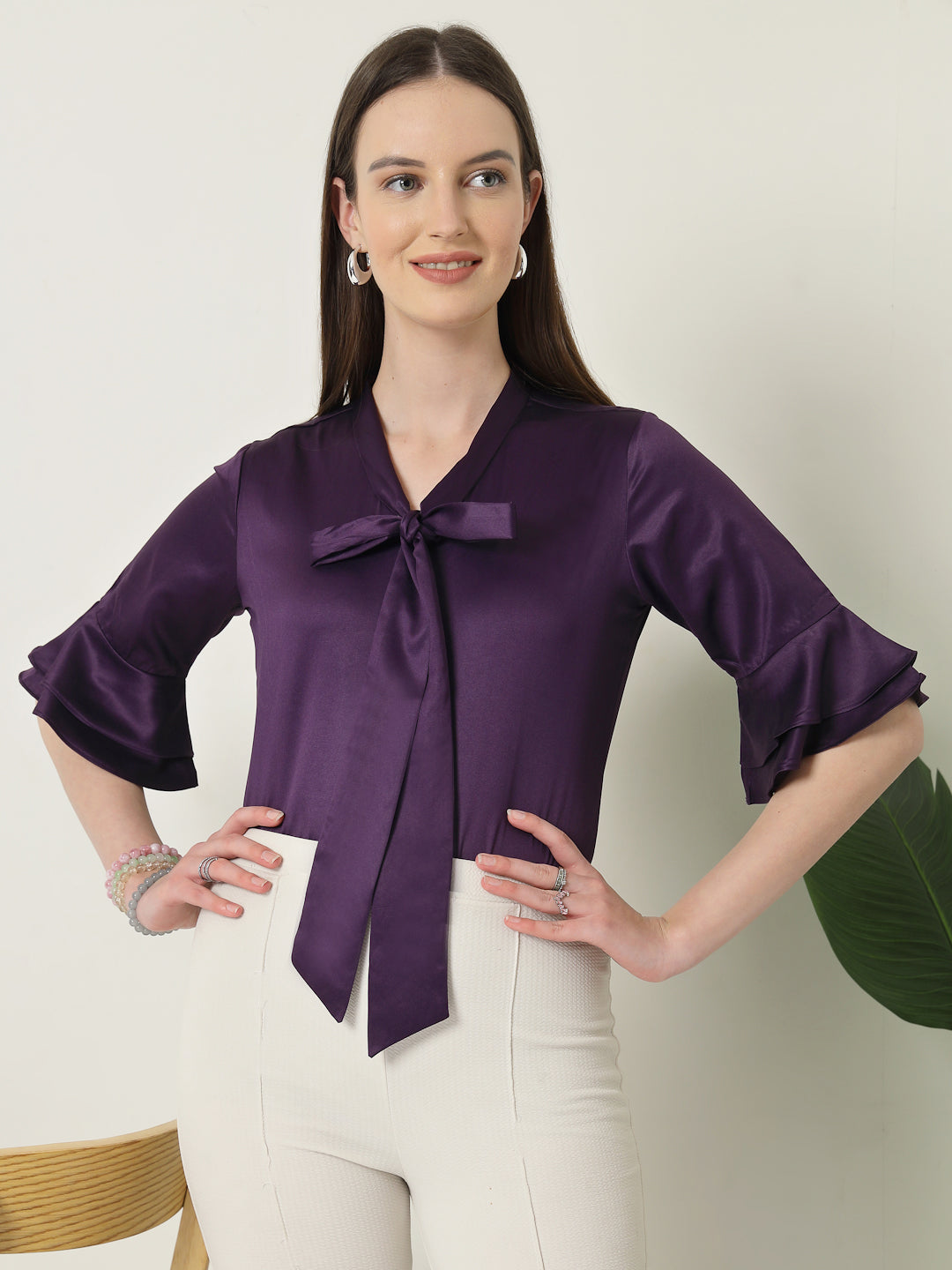 Style Quotient Women Solid Wine Satin Bell Sleeve Regular Top-Tops-StyleQuotient