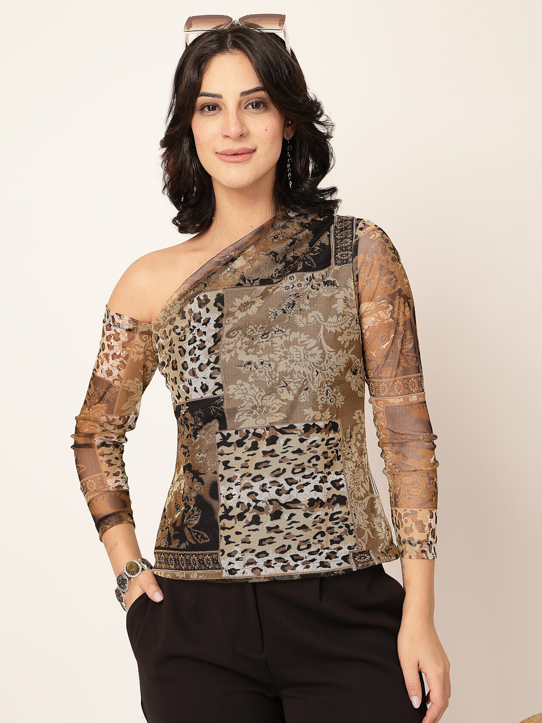 Style Quotient Women Animal Printed Net One Shoulder Top-Tops-StyleQuotient