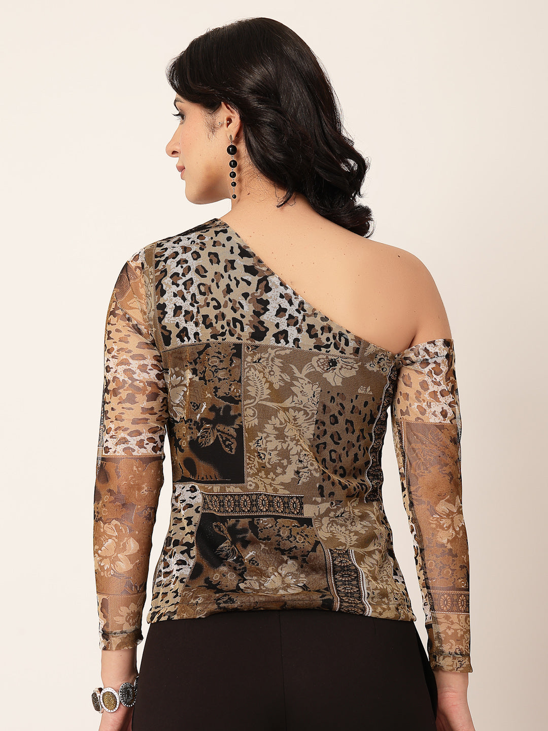 Style Quotient Women Animal Printed Net One Shoulder Top-Tops-StyleQuotient