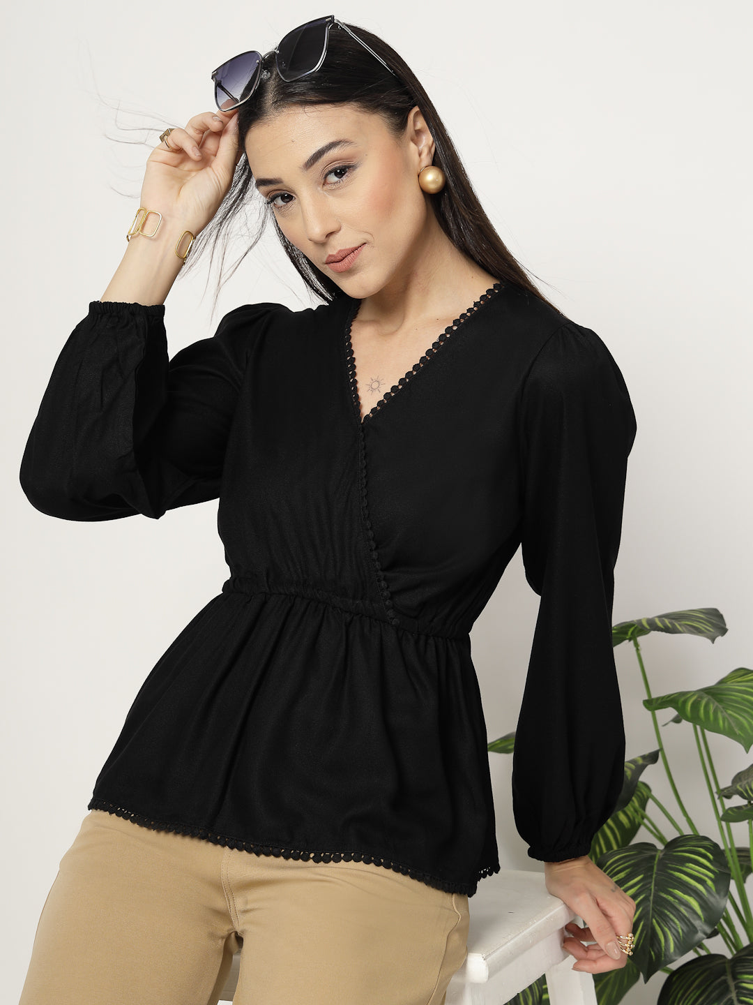Style Quotient Women Solid Black Moss Peplum Tunic Top-Tops-StyleQuotient