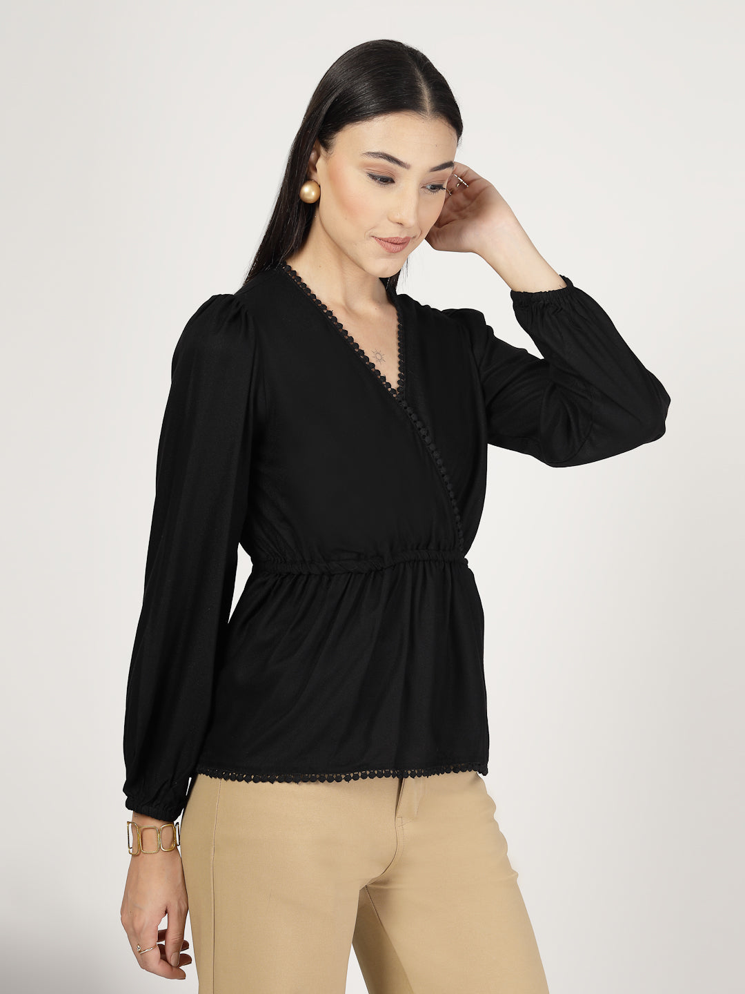 Style Quotient Women Solid Black Moss Peplum Tunic Top-Tops-StyleQuotient