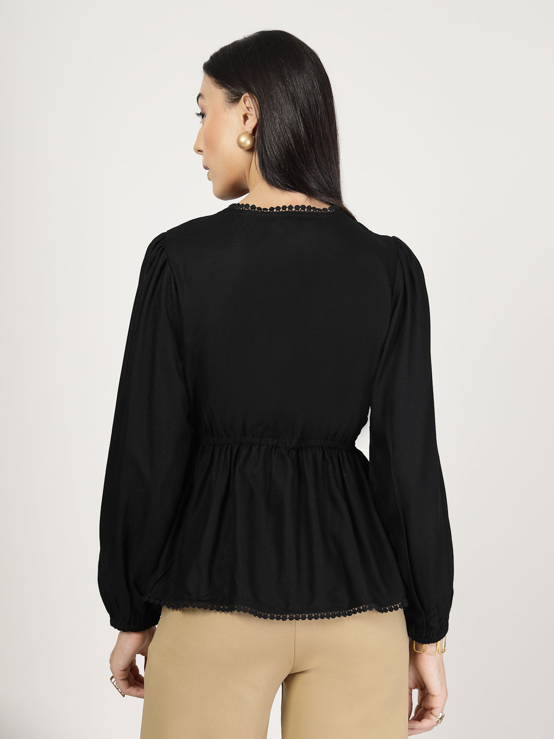 Style Quotient Women Solid Black Moss Peplum Tunic Top-Tops-StyleQuotient