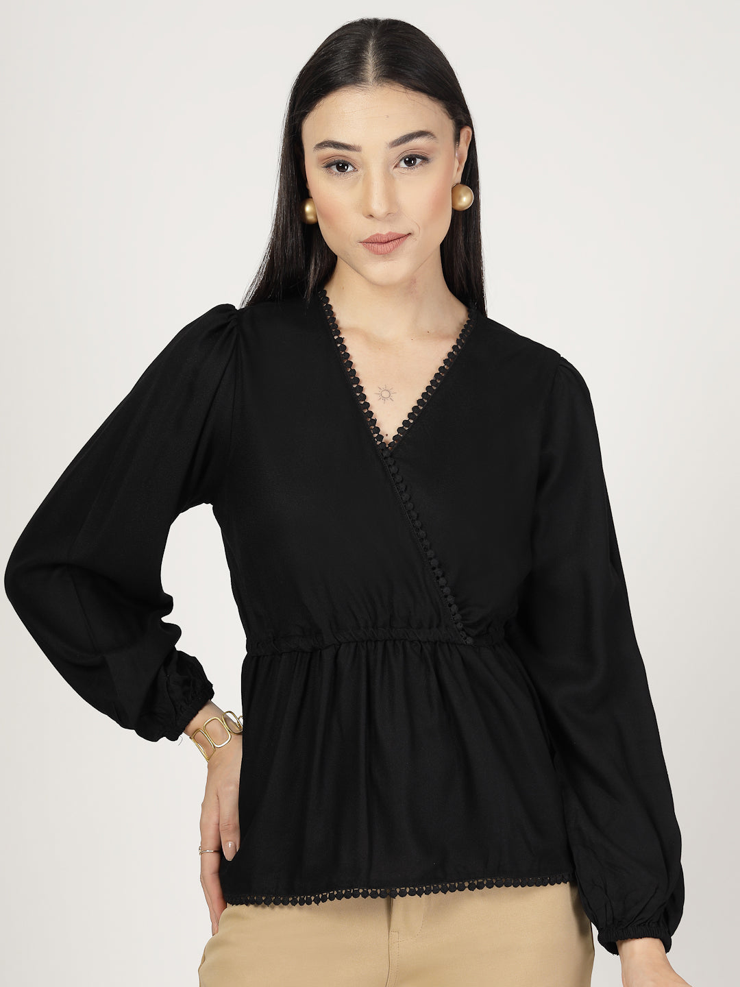 Style Quotient Women Solid Black Moss Peplum Tunic Top-Tops-StyleQuotient