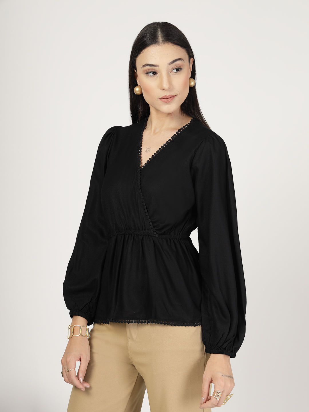 Style Quotient Women Solid Black Moss Peplum Tunic Top-Tops-StyleQuotient