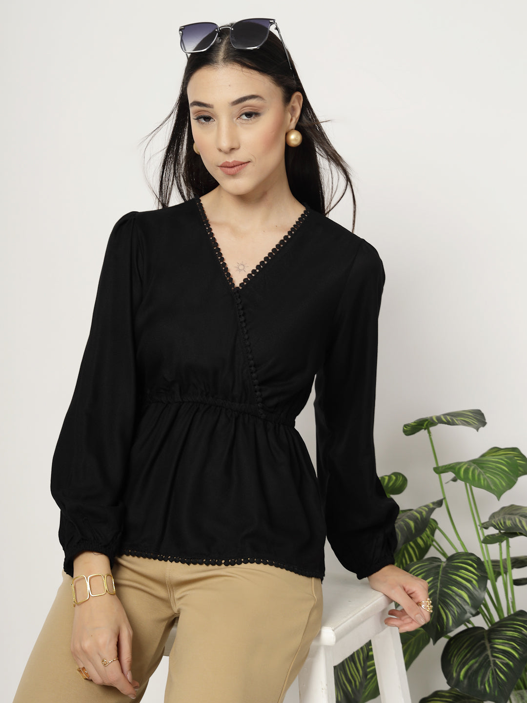 Style Quotient Women Solid Black Moss Peplum Tunic Top-Tops-StyleQuotient