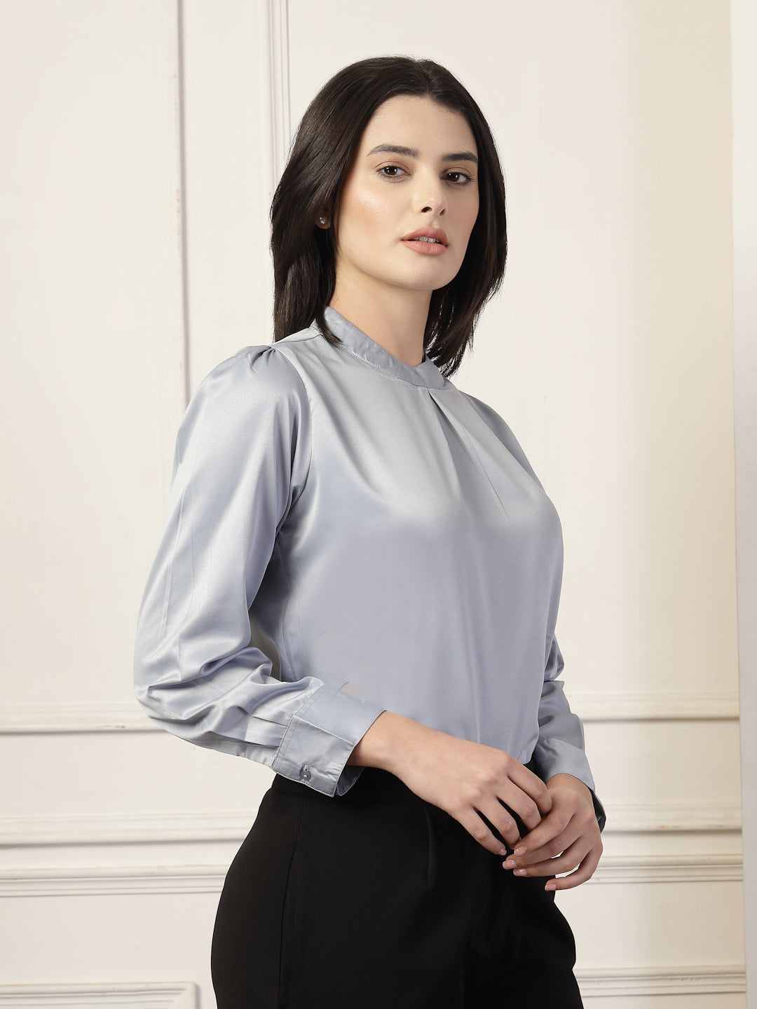 Style Quotient Women Solid Light Grey Satin Regular Pleated Top-Tops-StyleQuotient