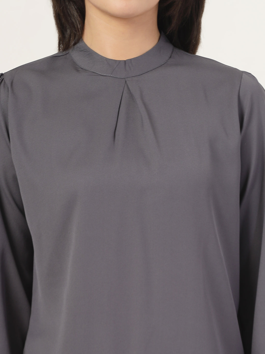 Style Quotient Women Solid Grey Polymoss Regular Pleated Top-Tops-StyleQuotient