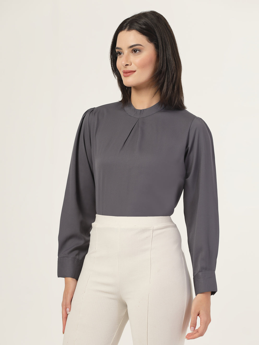 Style Quotient Women Solid Grey Polymoss Regular Pleated Top-Tops-StyleQuotient
