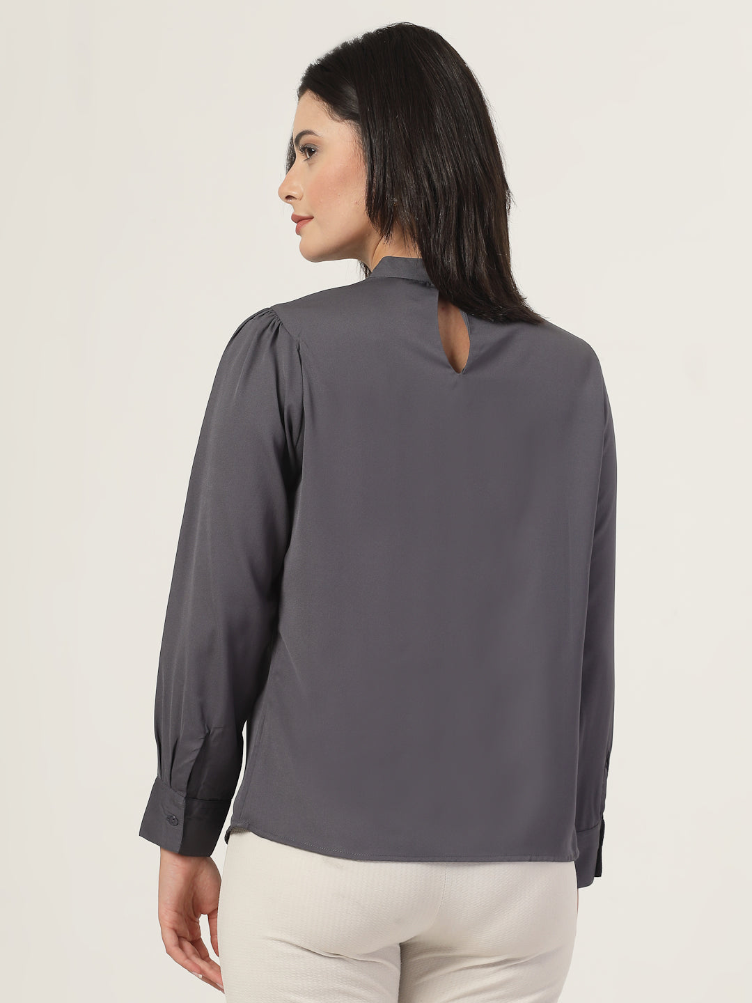 Style Quotient Women Solid Grey Polymoss Regular Pleated Top-Tops-StyleQuotient