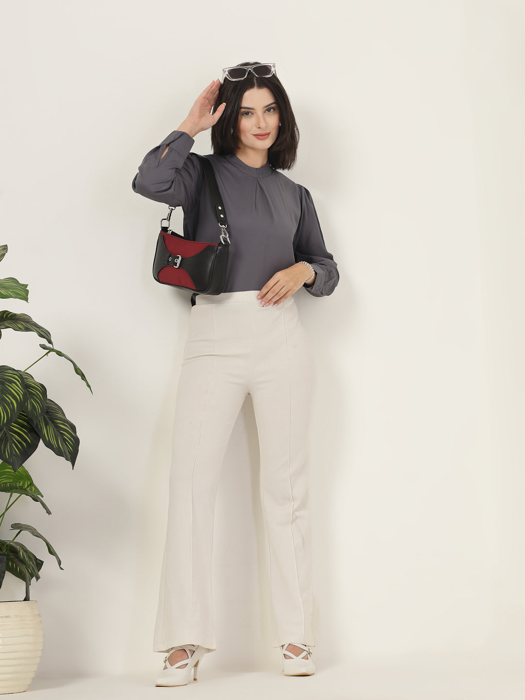 Style Quotient Women Solid Grey Polymoss Regular Pleated Top-Tops-StyleQuotient