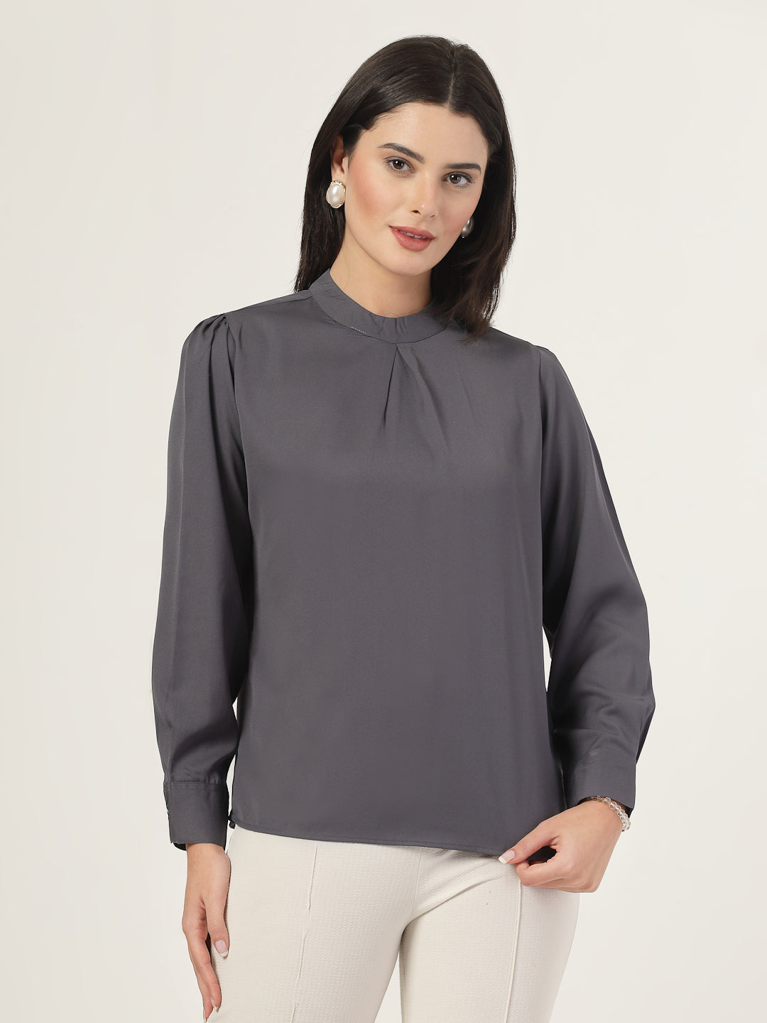 Style Quotient Women Solid Grey Polymoss Regular Pleated Top-Tops-StyleQuotient