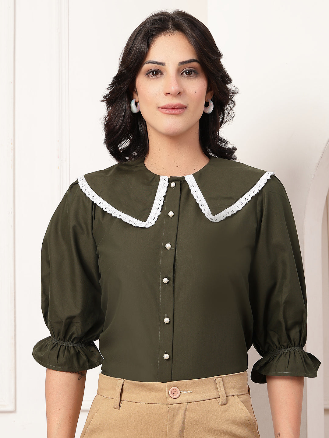 Style Quotient Women Solid Olive Shirt Style Top-Shirts-StyleQuotient