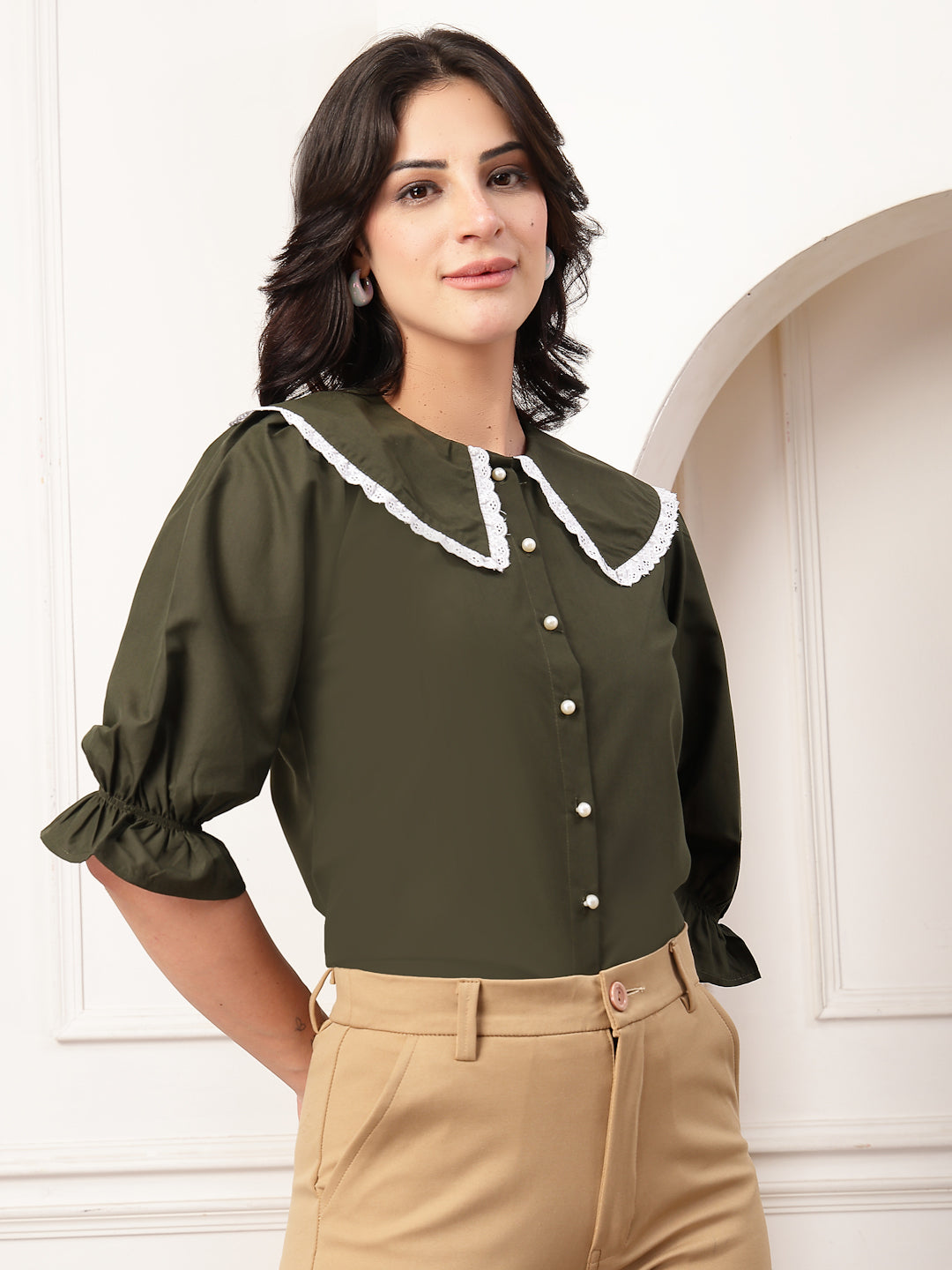 Style Quotient Women Solid Olive Shirt Style Top-Shirts-StyleQuotient