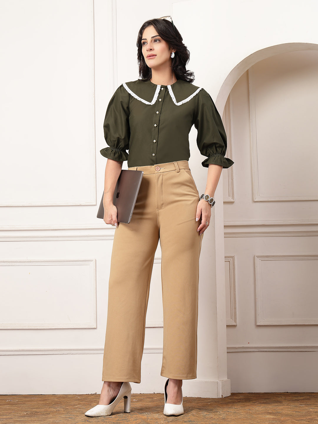 Style Quotient Women Solid Olive Shirt Style Top-Shirts-StyleQuotient