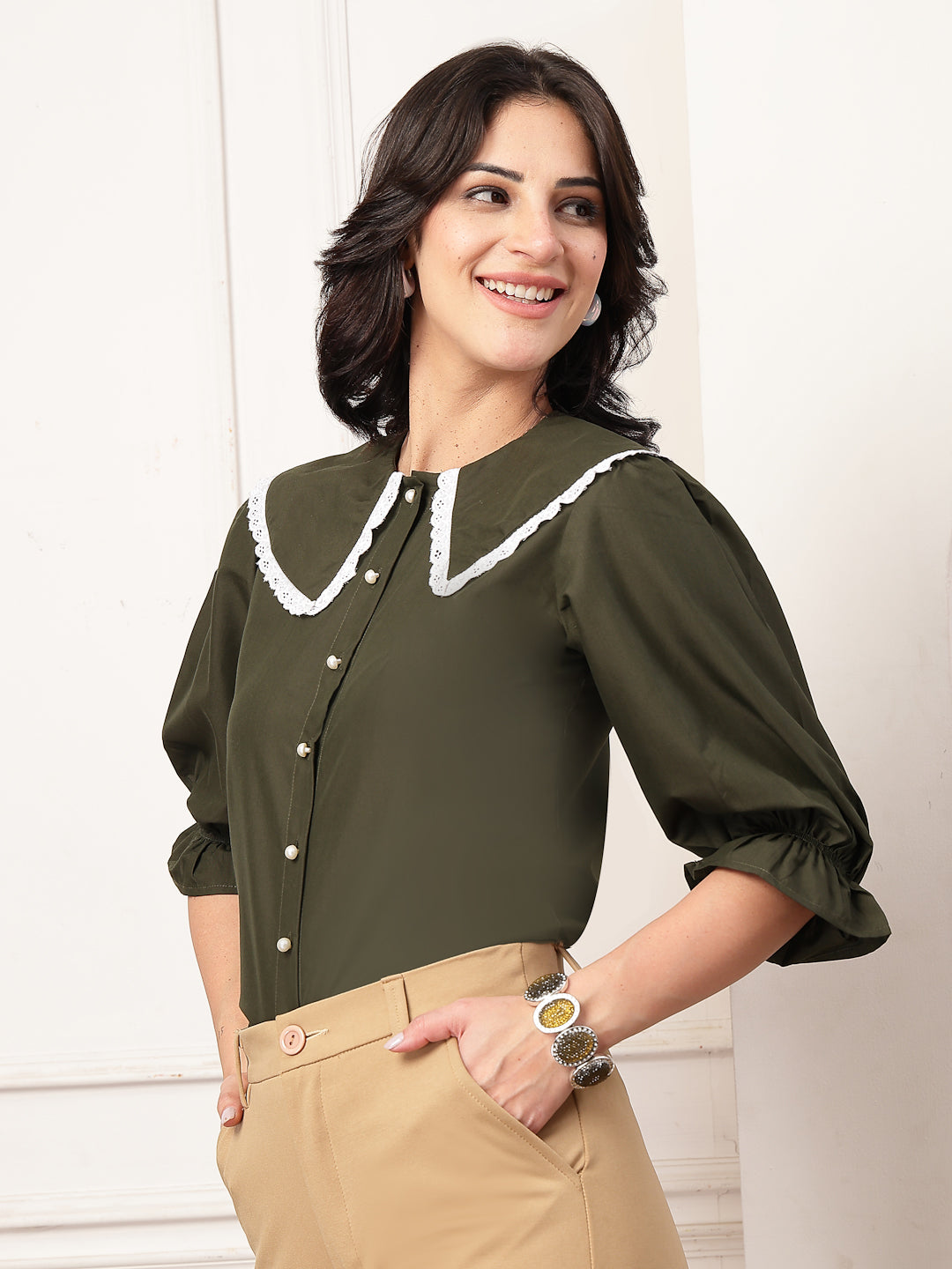 Style Quotient Women Solid Olive Shirt Style Top-Shirts-StyleQuotient