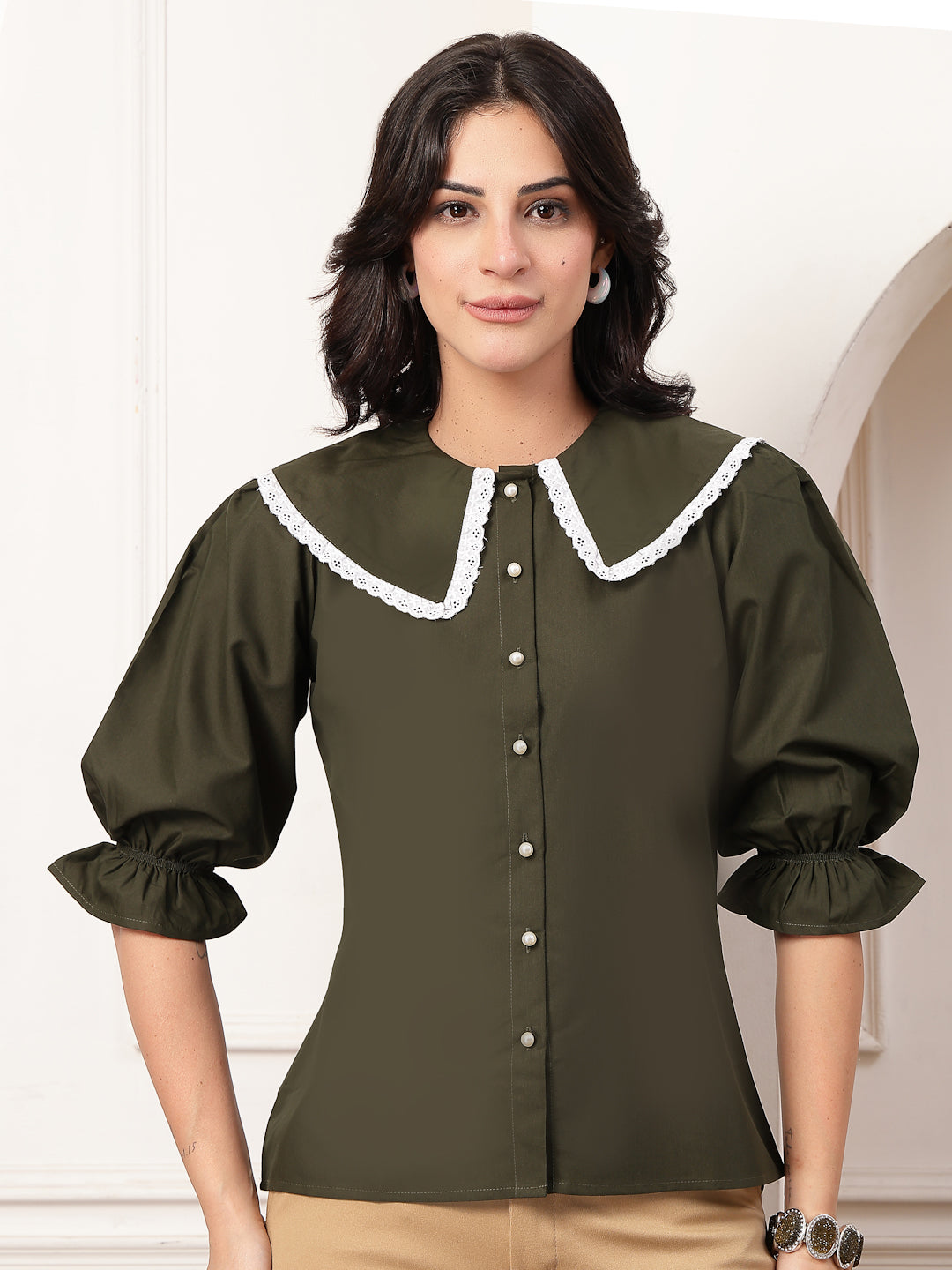 Style Quotient Women Solid Olive Shirt Style Top-Shirts-StyleQuotient
