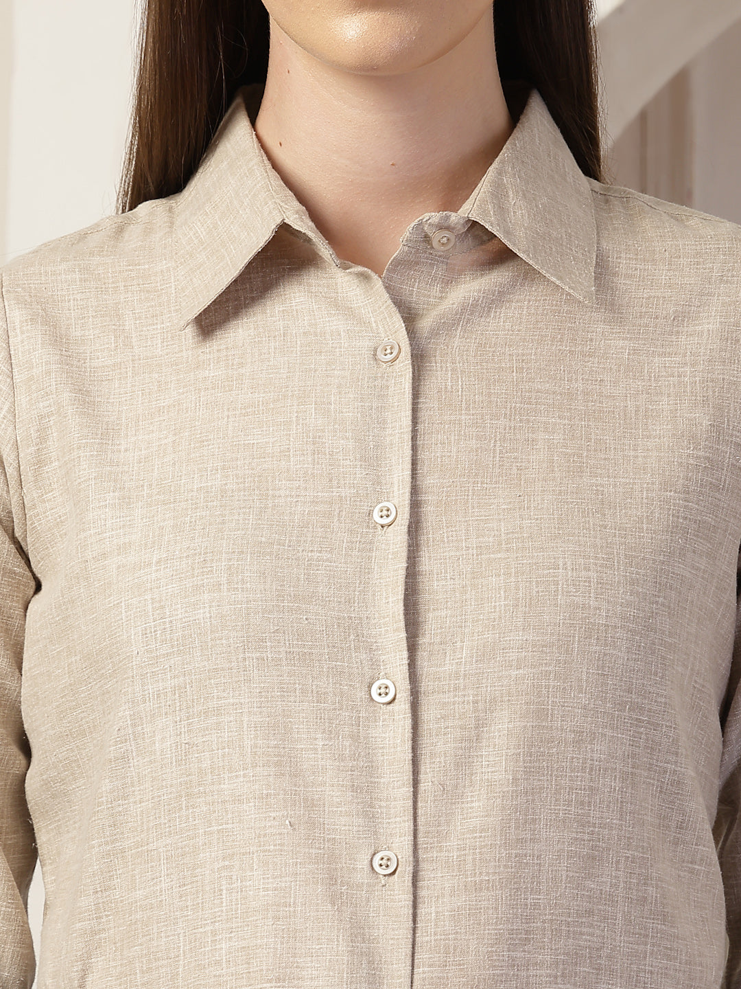 Style Quotient Women Beige Self Design Linen Regular Fit Formal Shirt-Shirts-StyleQuotient