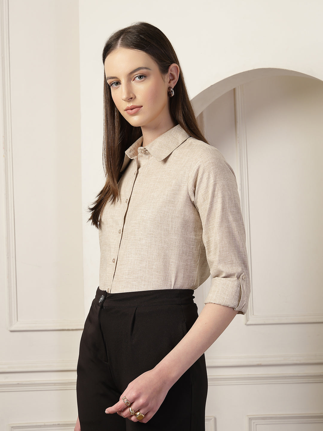 Style Quotient Women Beige Self Design Linen Regular Fit Formal Shirt-Shirts-StyleQuotient
