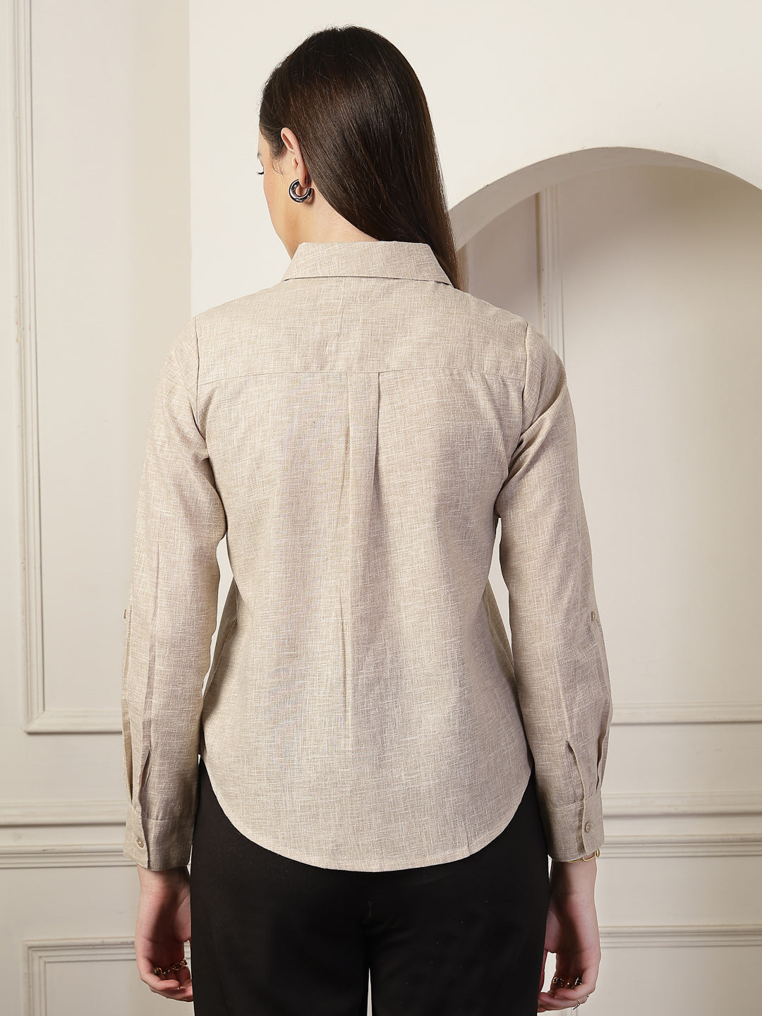 Style Quotient Women Beige Self Design Linen Regular Fit Formal Shirt-Shirts-StyleQuotient