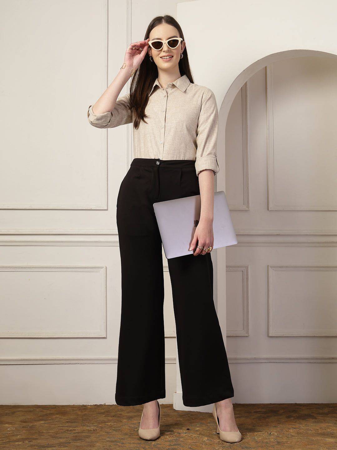 Style Quotient Women Beige Self Design Linen Regular Fit Formal Shirt-Shirts-StyleQuotient