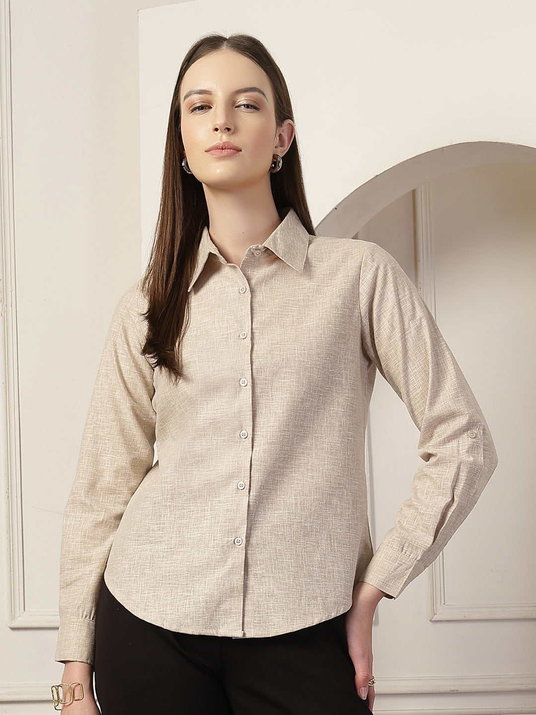 Style Quotient Women Beige Self Design Linen Regular Fit Formal Shirt-Shirts-StyleQuotient