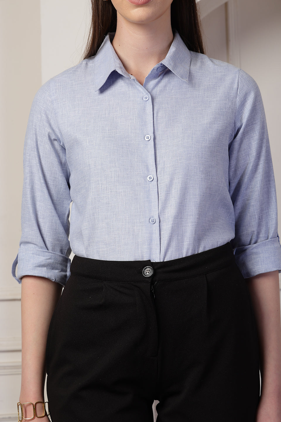 Style Quotient Women Powder Blue Self Design Linen Regular Fit Formal Shirt-Shirts-StyleQuotient