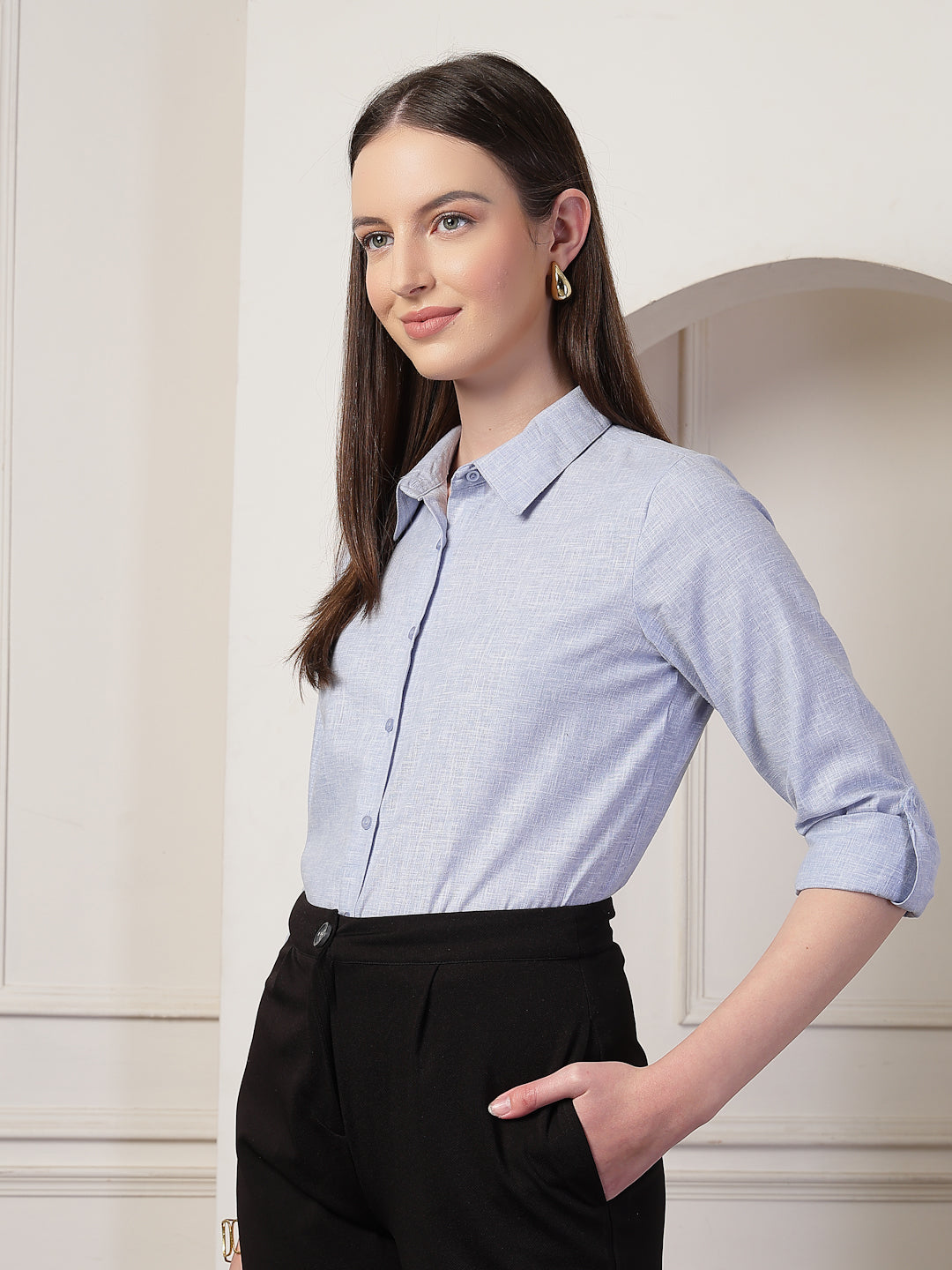 Style Quotient Women Powder Blue Self Design Linen Regular Fit Formal Shirt-Shirts-StyleQuotient