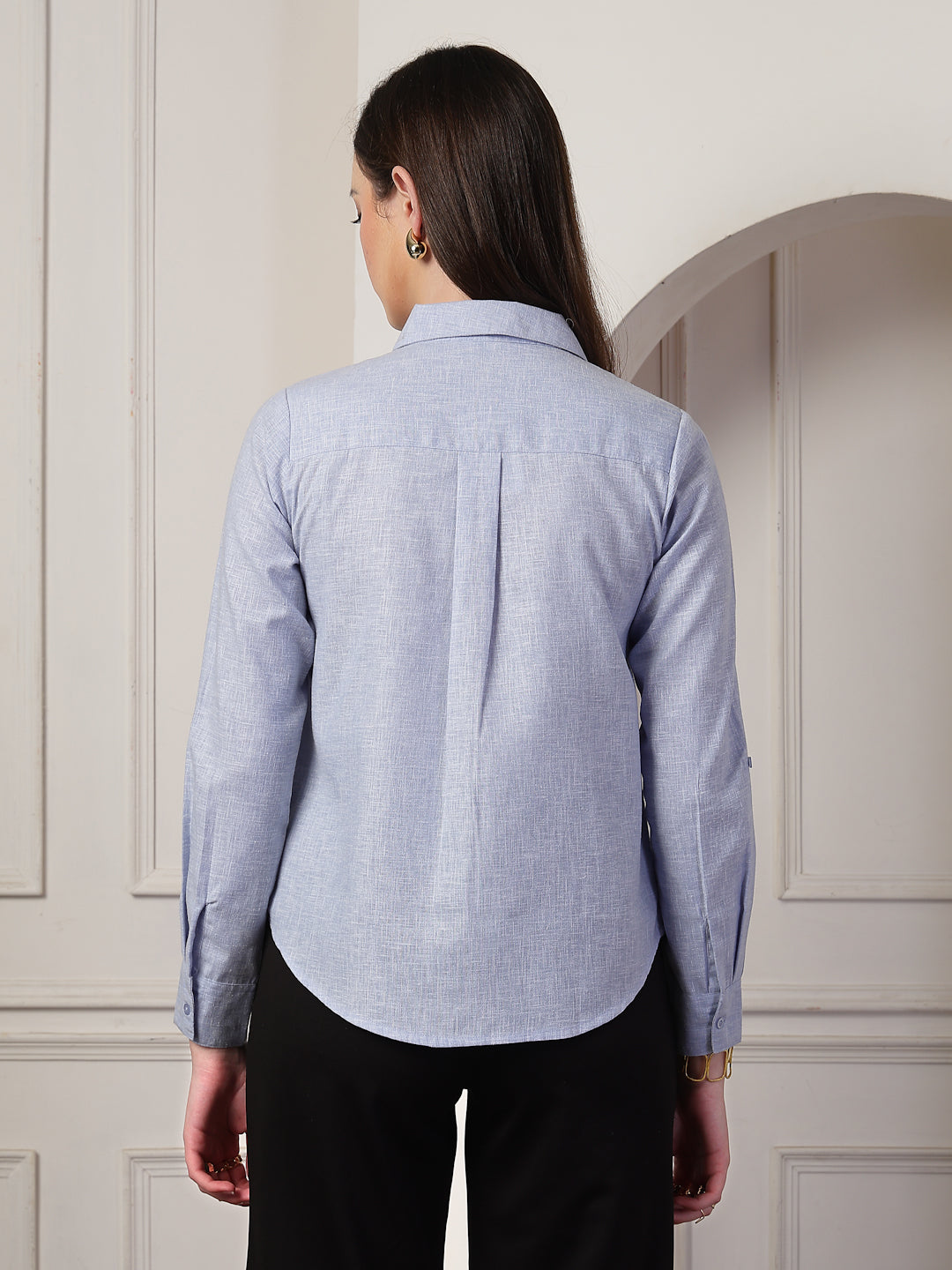 Style Quotient Women Powder Blue Self Design Linen Regular Fit Formal Shirt-Shirts-StyleQuotient