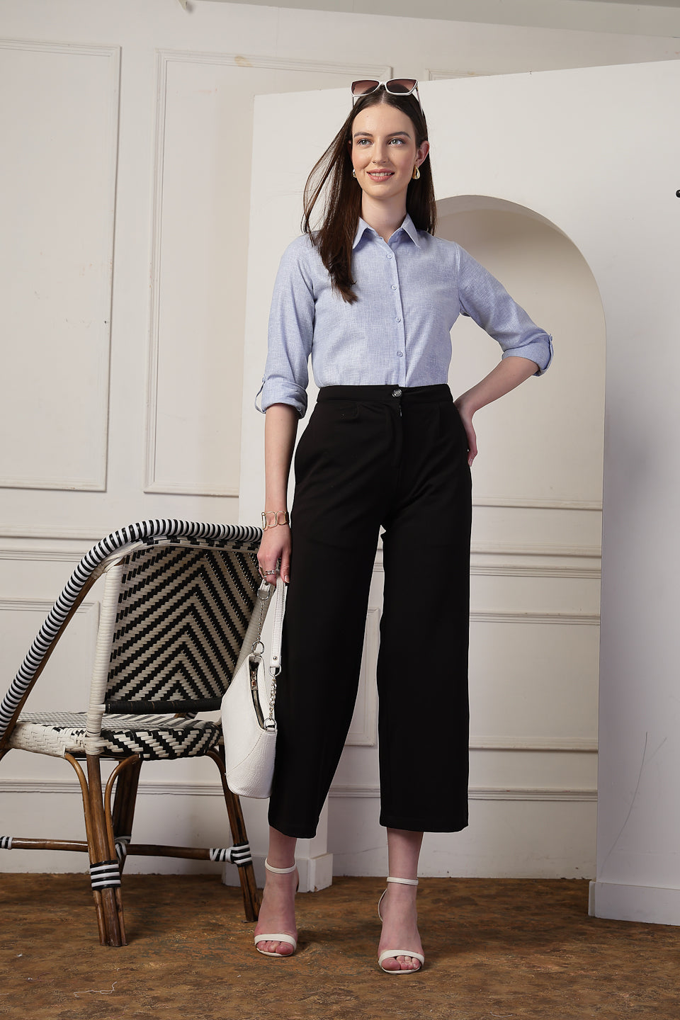 Style Quotient Women Powder Blue Self Design Linen Regular Fit Formal Shirt-Shirts-StyleQuotient