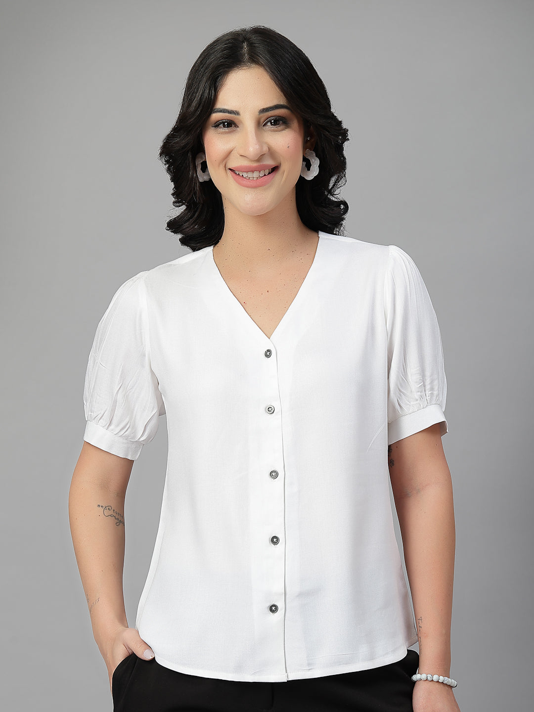 Style Quotient Women Solid White Rayon Shirt Style Top-Shirts-StyleQuotient