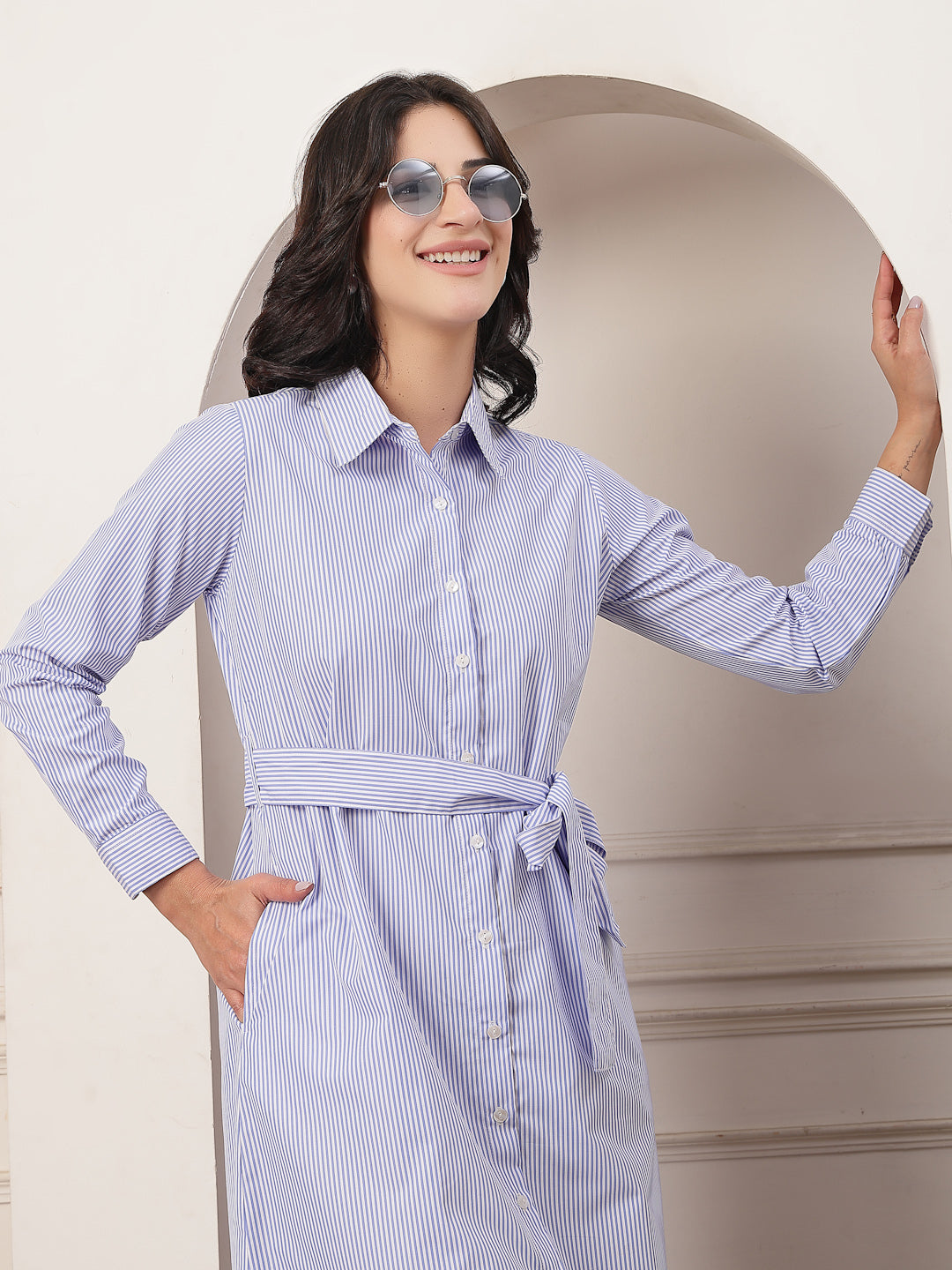 Style Quotient Women striped formal shirt dress-Shirts-StyleQuotient