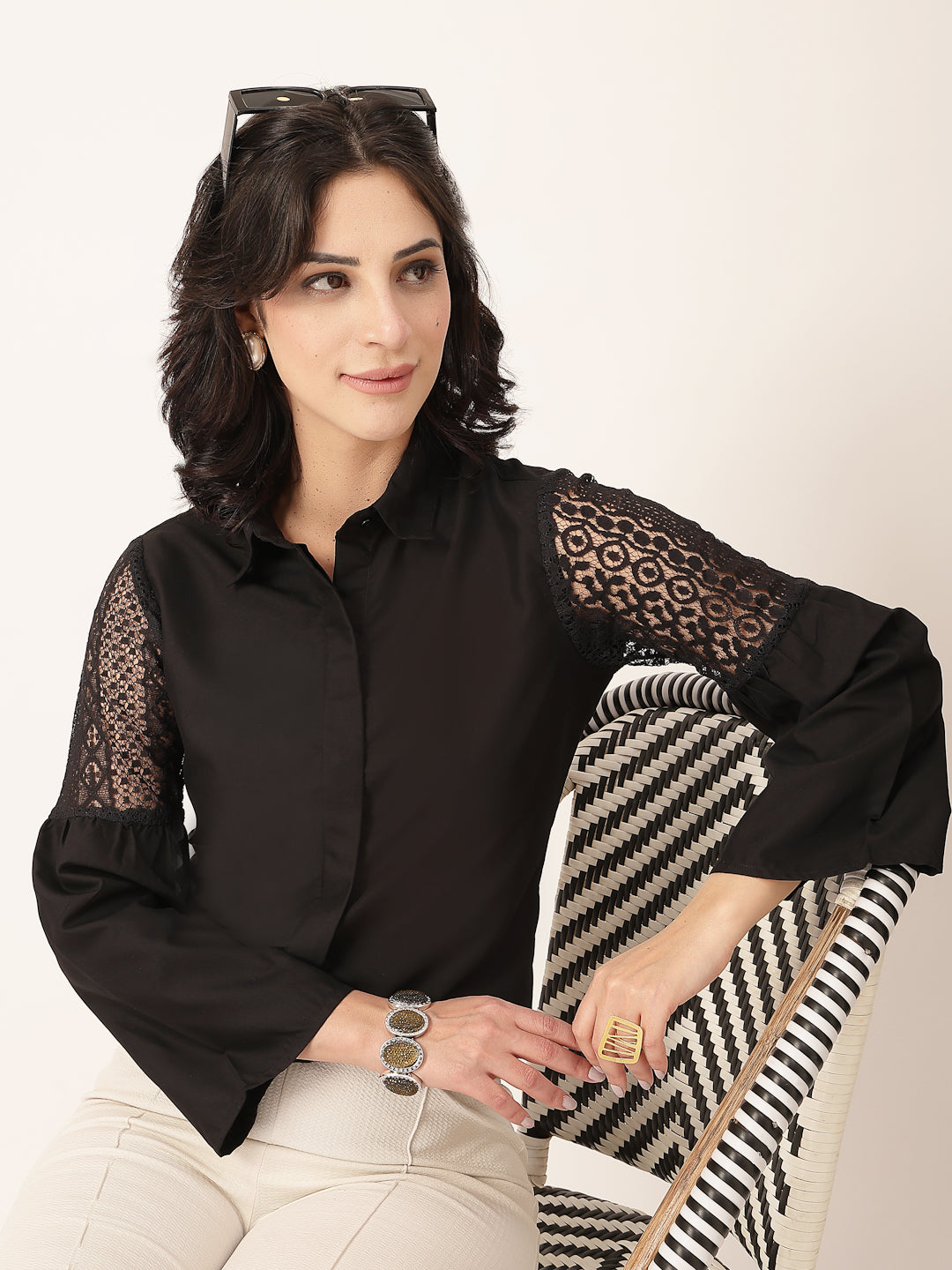 Style Quotient Women Solid Black Polycotton And Lace Fabric Shirt-Shirts-StyleQuotient