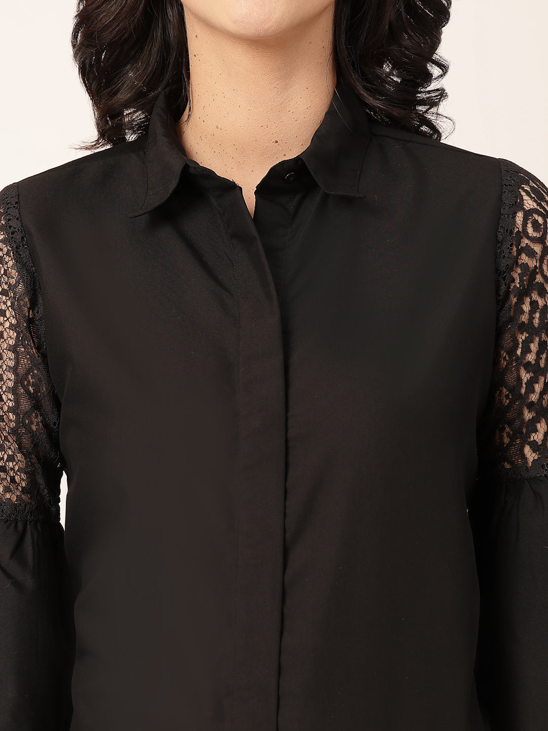 Style Quotient Women Solid Black Polycotton And Lace Fabric Shirt-Shirts-StyleQuotient