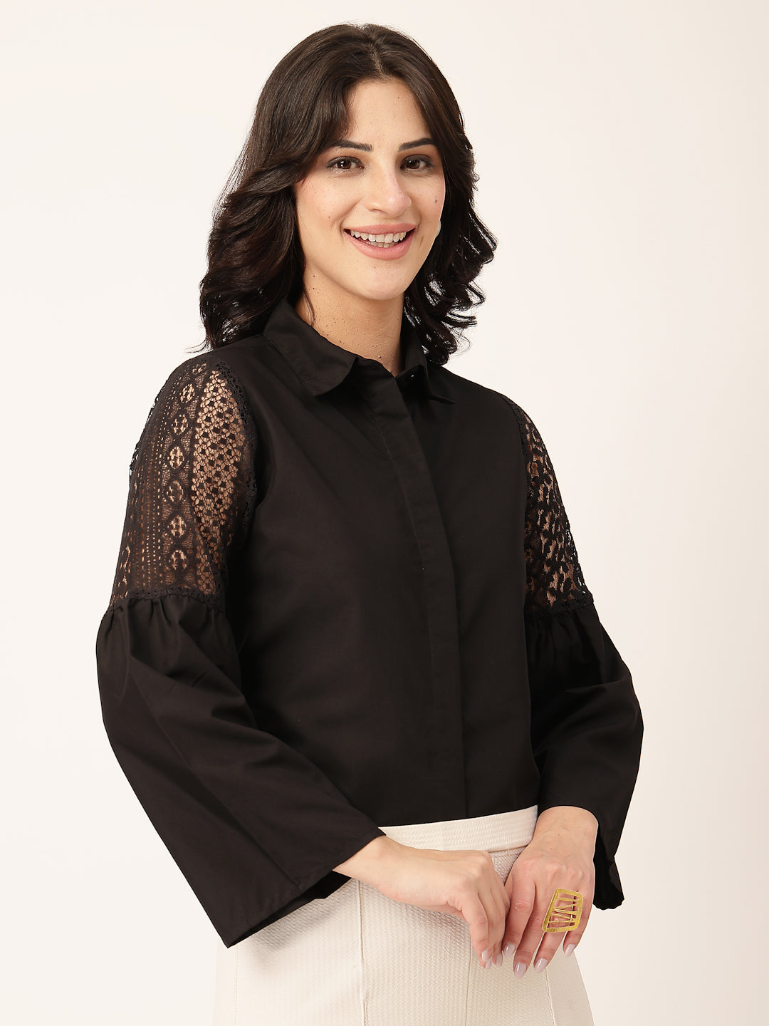 Style Quotient Women Solid Black Polycotton And Lace Fabric Shirt-Shirts-StyleQuotient
