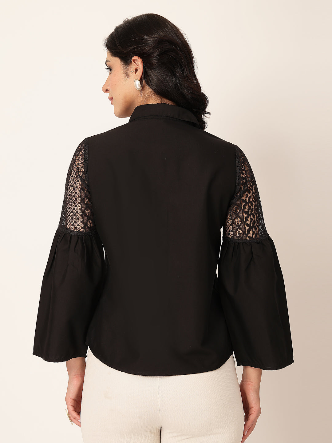 Style Quotient Women Solid Black Polycotton And Lace Fabric Shirt-Shirts-StyleQuotient