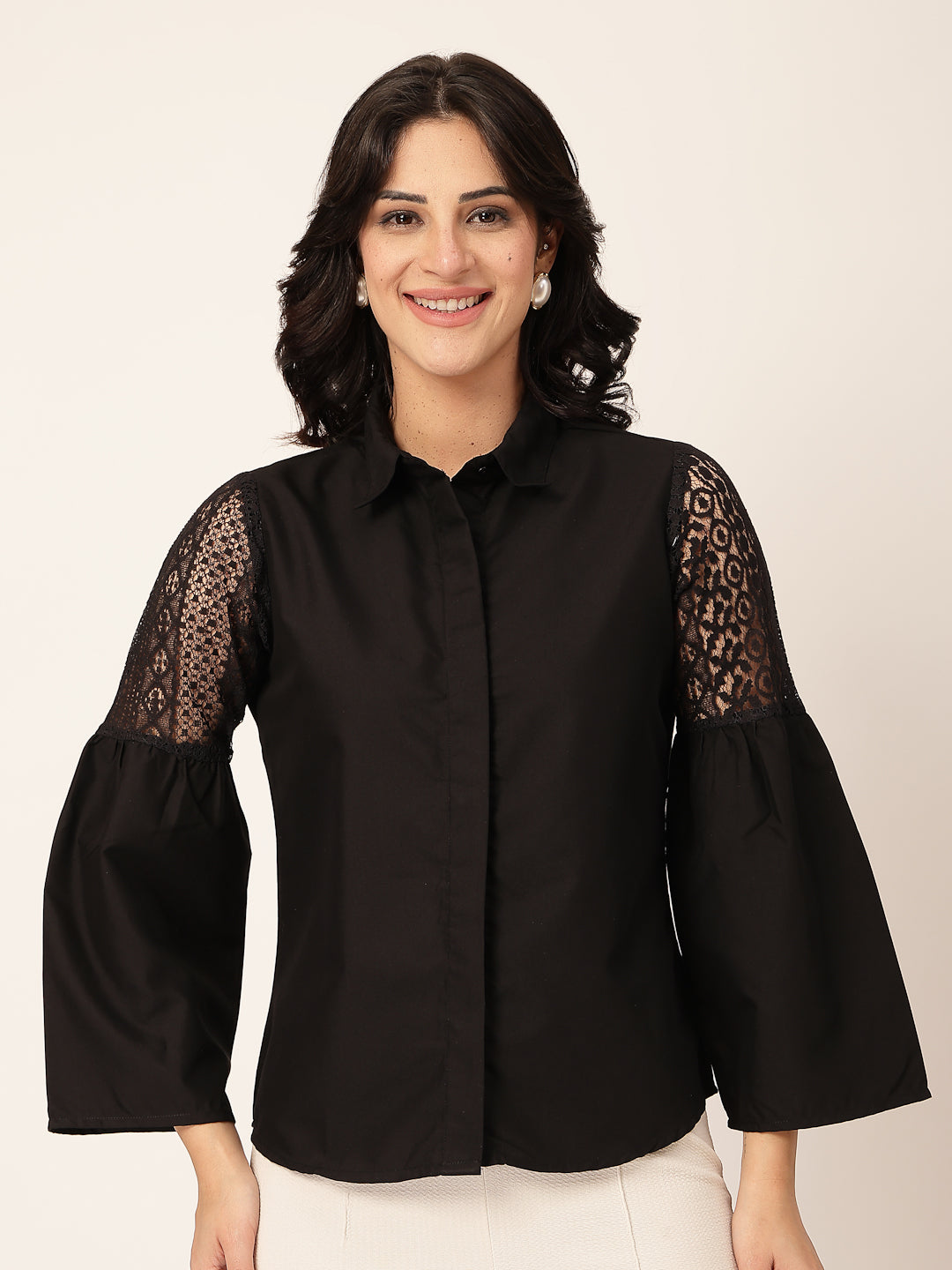 Style Quotient Women Solid Black Polycotton And Lace Fabric Shirt-Shirts-StyleQuotient